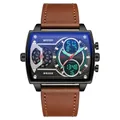 SAMDA 6032 quadratische Sportuhr mit braunem Lederarmband und multifunktionalem Digitaldisplay - Lederband Kaffee Schwarz