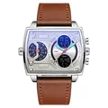 Sanda 6032 Herrenuhr quadratisch multifunktional digital mit braunem Lederarmband - Kaffee Silber (Lederarmband)