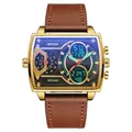 Sanda 6032 quadratische Multifunktions-Sportuhr mit braunem Lederarmband für Herren - Kaffee Gold (Lederarmband)