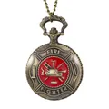 Vintage bronze quartz pocket watch with embossed red Fire Fighter emblem and chain - Firefighter (P963)