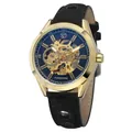 Vue détaillée de la montre mécanique automatique squelette Forsining pour homme or - Cadran Noir Boîtier Doré Bracelet Noir