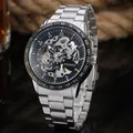 Luxury T-Winner automatic mechanical skeleton watch with silver stainless steel band - Silver Steel Case Silver Steel Band Black Skeleton (999)
