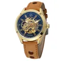Détail de la montre mécanique squelette Forsining pour homme avec bracelet en cuir - Cadran Noir Boîtier Or Bracelet Brun