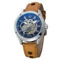 Gros plan de la montre automatique Forsining pour hommes avec bracelet en cuir tan - Cadran Noir Boîtier Argent Bracelet Brun