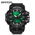 Montre de sport numérique SANDA pour hommes avec écran lumineux vert et bracelet noir - Noir