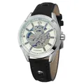 Gros plan d'une montre mécanique automatique Forsining pour hommes avec cadran squelette. - Cadran Blanc Boîtier Argent Bracelet Noir