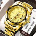Vue détaillée de la montre automatique dorée Winner avec un cadran squelette - Style Mécanique Squelette Bracelet Doré (SLZ59) / Bracelet en Acier Or Cadran Or