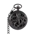 Close-up detail of steampunk black hollow octopus design metal pocket watch case with chain - Black Octopus