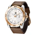 Montre à quartz BENYAR pour homme avec bracelet en cuir brun et boîtier bicolore - Two-tone Gold Case White Dial