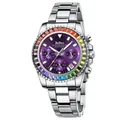 Silver BIDEN ladies' quartz chronograph watch with rainbow gemstone bezel and purple dial - Silver Case Purple Dial
