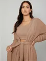 Detail shot of a brown plush three-piece loungewear set showcasing soft fuzzy fabric - S / Top And Bottom / Coffee
