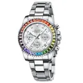 BIDEN luxury silver quartz watch for women with colorful rainbow gemstone bezel dial - Silver Case White Dial