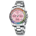 BIDEN luxury women's quartz watch featuring a rainbow crystal bezel and pink dial - Silver Case Pink Dial