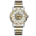 FORSINING men's automatic mechanical skeleton watch with gold rhinestones and butterfly buckle - Gold Band White Face