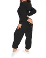 Cozy black fuzzy hooded onesie with functional buttoned back flap detail. - Black