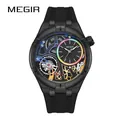 MEGIR 8111 black skeleton quartz watch for men with rainbow dial accents and rubber strap - Black Case Multicolored Dial Black Silicone Strap
