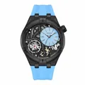 MEGIR fashion skeleton quartz watch for men featuring a light blue silicone strap - Black Case Light Blue Dial Light Blue Silicone Strap