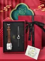 Coffret cadeau élégant avec montre vintage, bracelet en cuir marron et carte de vœux - Café