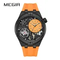 MEGIR 8111 men's skeleton watch with bright orange silicone strap and black dial - Black Case Orange Dial Orange Silicone Strap