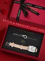 Luxe rode geschenkdoos met vintage vierkant horloge en zilveren dubbele armband - Champagne