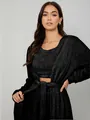 Detailed view of women's black 3-piece fuzzy sherpa loungewear set with cardigan. - S / Top And Bottom / Black