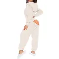 Detail of cream plush one-piece pajamas with hooded ears and functional back button flap - Ivory