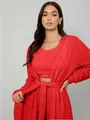 Close-up of red fuzzy three-piece loungewear set showing the soft plush robe texture. - S / Top And Bottom / Red