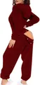 Close-up of burgundy hooded fleece onesie with ears featuring a functional back flap. - Burgundy