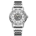 Forsining men's silver automatic mechanical watch with skeleton dial and rhinestone accents - Silver Strap & White Dial
