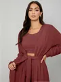 Detailed view of the soft burgundy plush 3-piece loungewear set with belt. - Burgundy