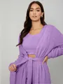 Close-up detail of purple three-piece fuzzy lounge set with plush tie-waist cardigan. - Light Purple