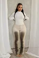 Sexy Damen Body in Weiß kombiniert mit Vintage-Waschung Ruched Stacked Pants Set Design. - S / Unterteile / Elfenbein