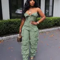 Elegante tuta cargo da donna verde oliva senza spalline con tasche multitasche - Taglia S / Top E Pantaloni / Verde militare