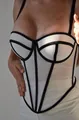 Sexy white fishbone corset top with black contrast lines and mesh slimming waist design. - S / Tops / White And Black Stripes