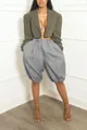 Detailed view of fashionable grey lantern shorts styled with a cropped blazer - S / Bottoms / Gray
