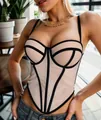 Detail view of a sexy beige mesh corset top with black contrast boning and straps - S / Tops / Apricot and Black Striped