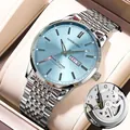 Montre homme Goobasen avec cadran bleu clair, affichage jour-date et bracelet argent - Bracelet Acier (936) / Boîtier Argenté Cadran Bleu Bracelet en Acier