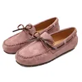 Dettaglio ravvicinato dei mocassini in pelle scamosciata rosa da donna con fiocco in pelle - 35 / Fodera Singola / Marrone