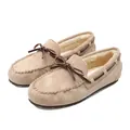 Detailansicht beige Wildleder-Loafer mit warmem Kunstfellfutter und brauner Schleife - 35 / Gefütterter Stil / Khaki