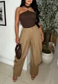 Pantalon cargo kaki chic à taille haute et jambes larges pour un style élégant. - Khaki Foncé