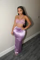 Stylish lavender satin maxi skirt featuring a high-waisted slimming fit and glossy finish - S / Bottoms / Purple