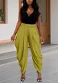 Pantalon ballon plissé vert olive élégant avec taille haute et un bouton doré chic - Jaune-vert