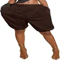 Women's stylish dark brown loose casual lantern shorts featuring pleated front design - S / Bottoms / Brown