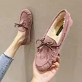 Modische rosa Damen-Loafer aus Wildleder mit warmem Fellfutter und Schleife - 35 / Gefütterter Stil / Braun