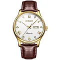 GOOBASEN men's automatic watch with brown leather strap and gold day-date dial - Men's Watch (13) / Gold Case White Dial Brown Strap