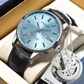 Reloj automático elegante para hombre con esfera azul claro y correa de cuero negro - Caja Plateada Esfera Azul Hielo - Correa de Cuero