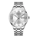GOOBASEN silver men's watch featuring diamond hour markers and dual calendar display - Silver Case White Face Steel Strap (937) / White