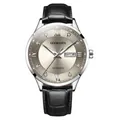 GOOBASEN men's luxury automatic watch with champagne sunburst dial and black leather strap - Silver Case Grey Face Leather Strap (937) / Gray