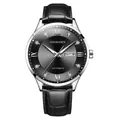 Elegant Goobasen men's wristwatch featuring a black leather strap and grey sunray diamond dial. - Silver Case Black Face Leather Strap (937)