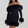 Elegante abito bodycon nero con spalle scoperte e finiture in pelliccia sintetica. - XS / Vestiti / Nero